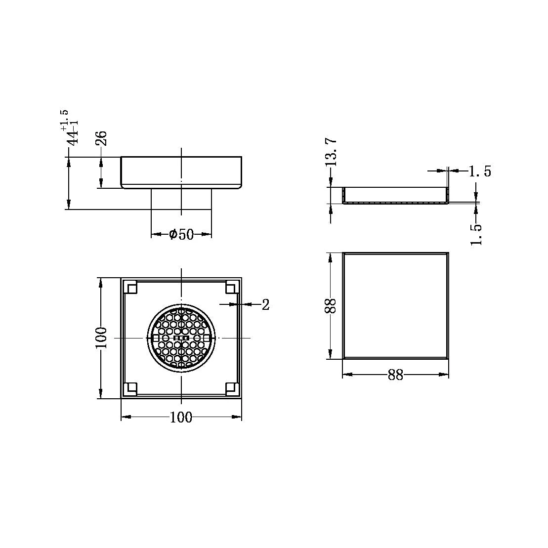 Nero 100mm Square Tile Insert Floor Waste 50mm Outlet - Gun Metal - Image 4