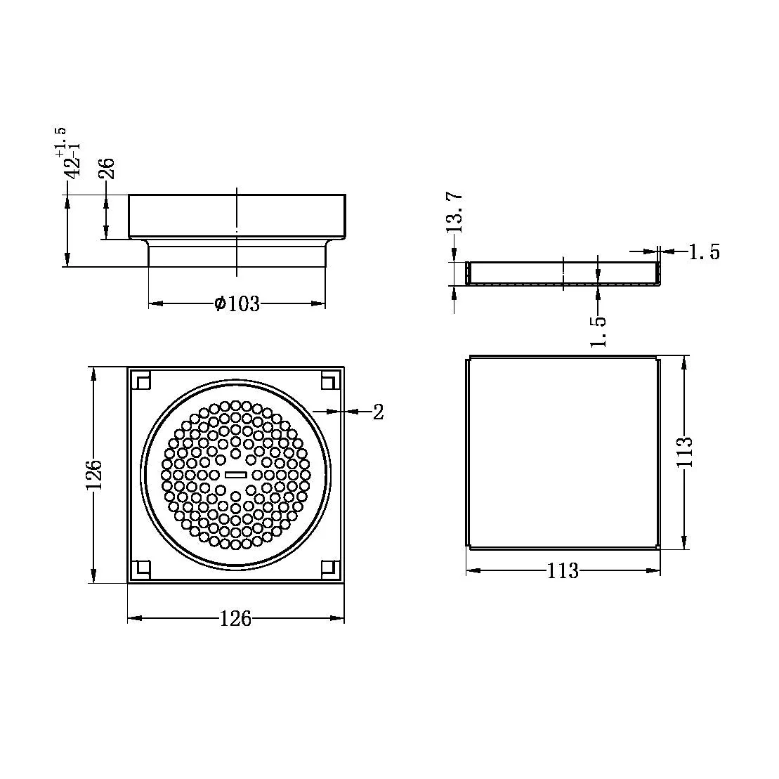 Nero 130mm Square Tile Insert Floor Waste 100mm Outlet - Gun Metal - Image 4