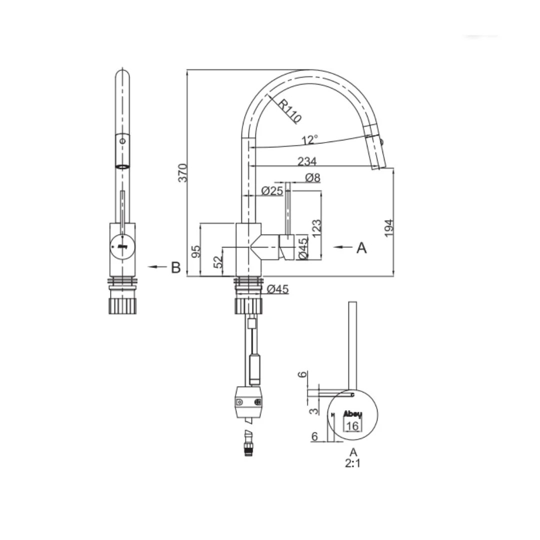 Abey 316 Gooseneck Pull Out Dual Spray Function Kitchen Mixer - Image 2