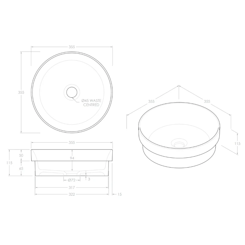 ADP Monica 355mm Ceramic Semi-Inset Basin - White - Image 5