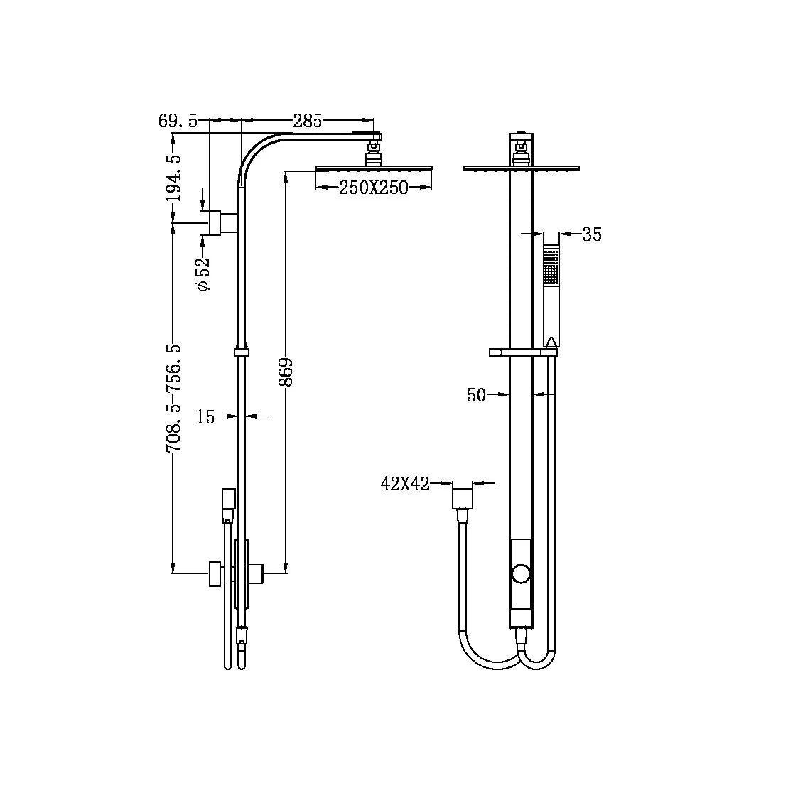 Nero Astra Rain Square Twin Shower Double Hose - Chrome - Image 4