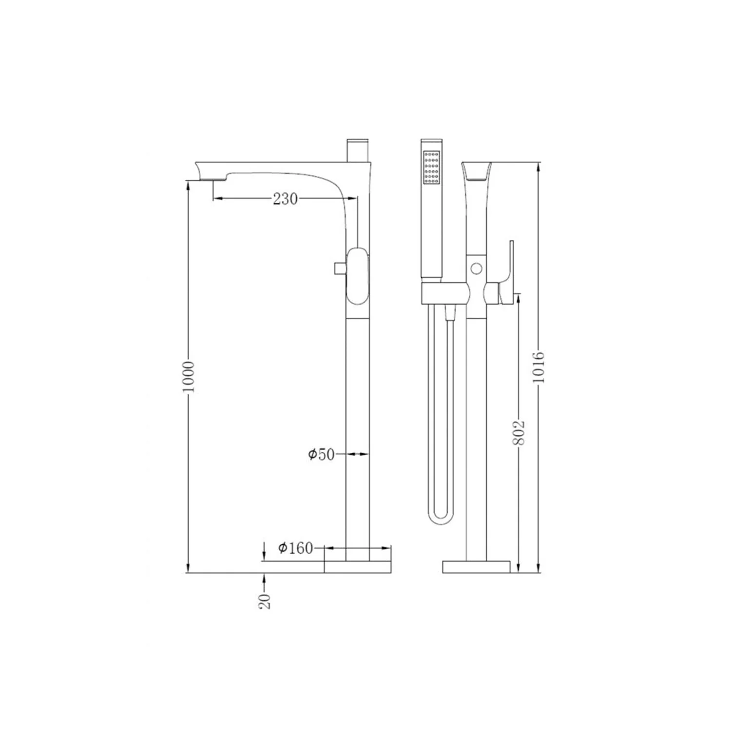 Nero Bianca Freestanding Bath Mixer With Hand Shower - Brushed Nickel - Image 4