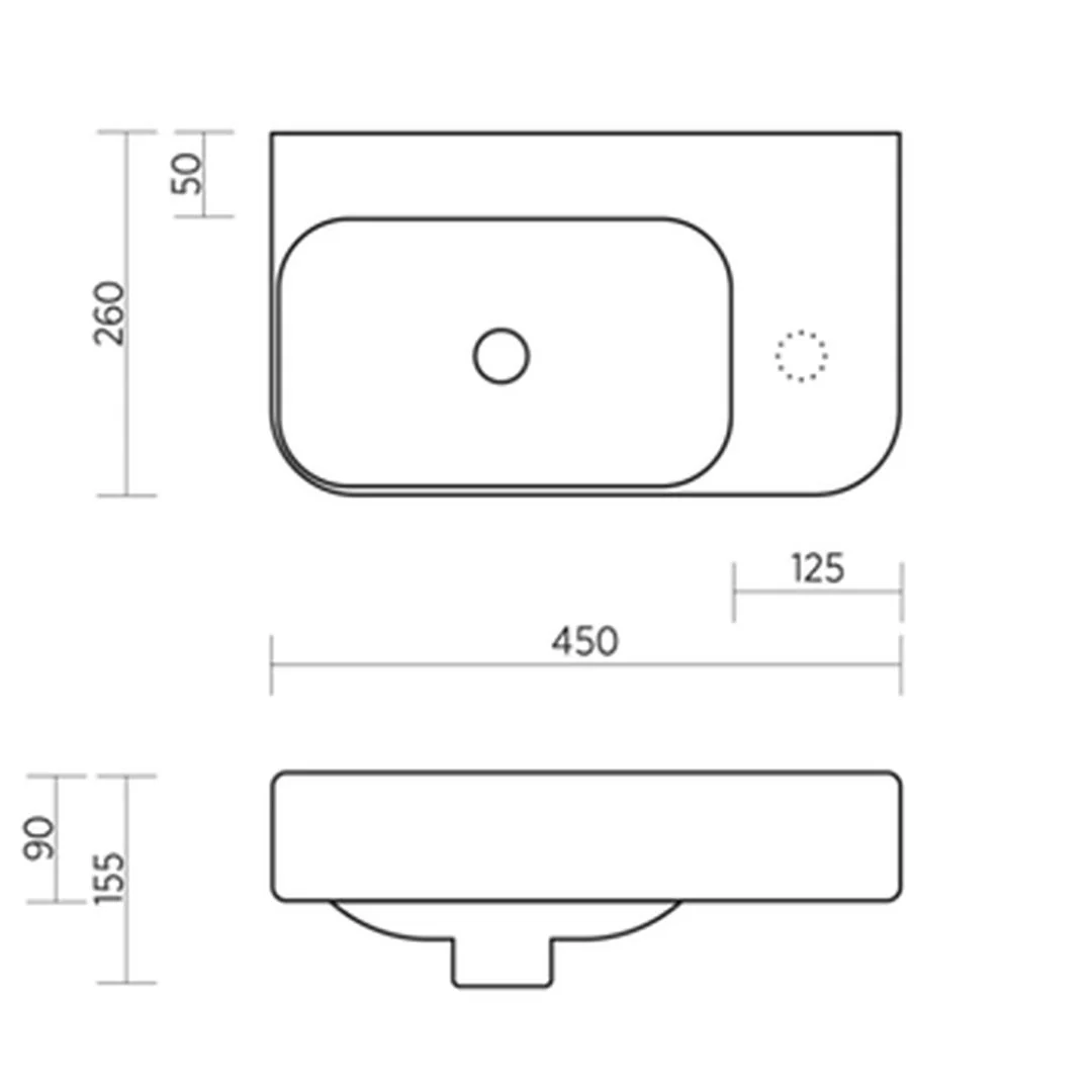 Linsol Clay 450mm Wall Hung Basin with Left Hand Bowl  - Gloss White - Image 2