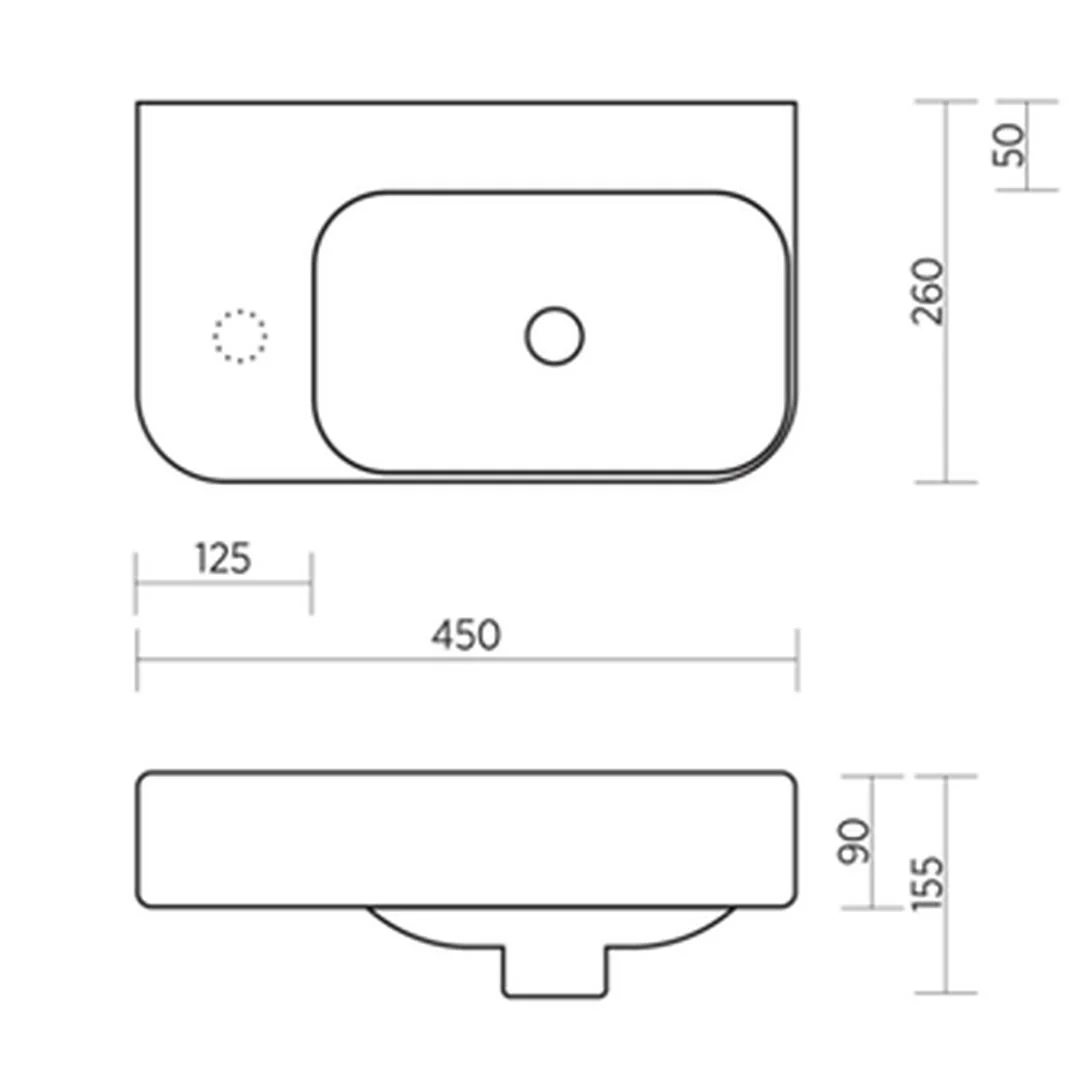 Linsol Clay 450mm Wall Hung Basin with Right Hand Bowl - Gloss White - Image 2
