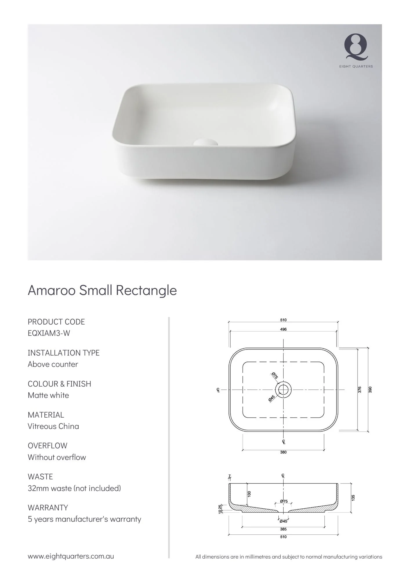Eight Quarters Amaroo Small Rectangle - White Matte - Image 2