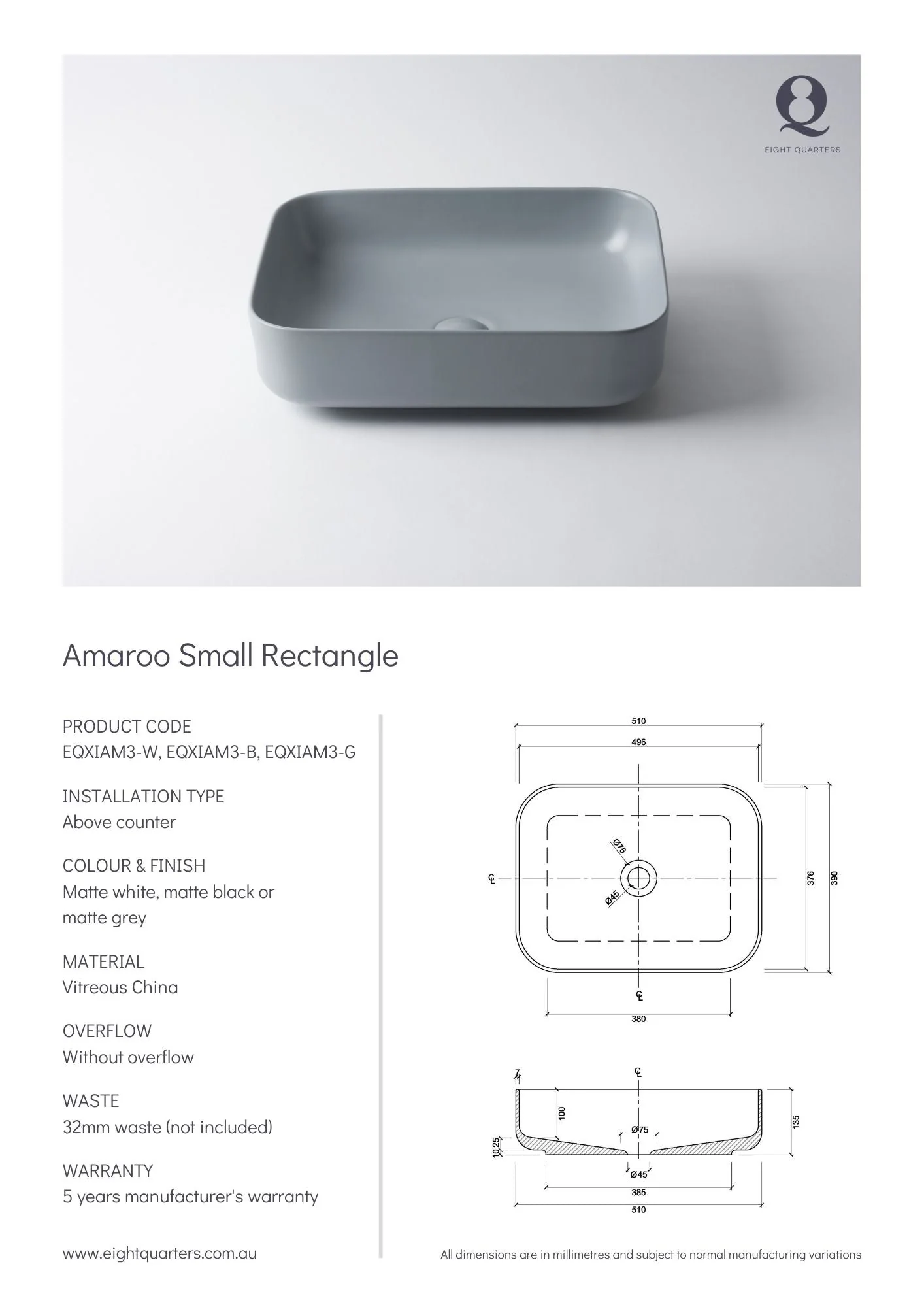 Eight Quarters Amaroo Small Rectangle - Black Matte - Image 2