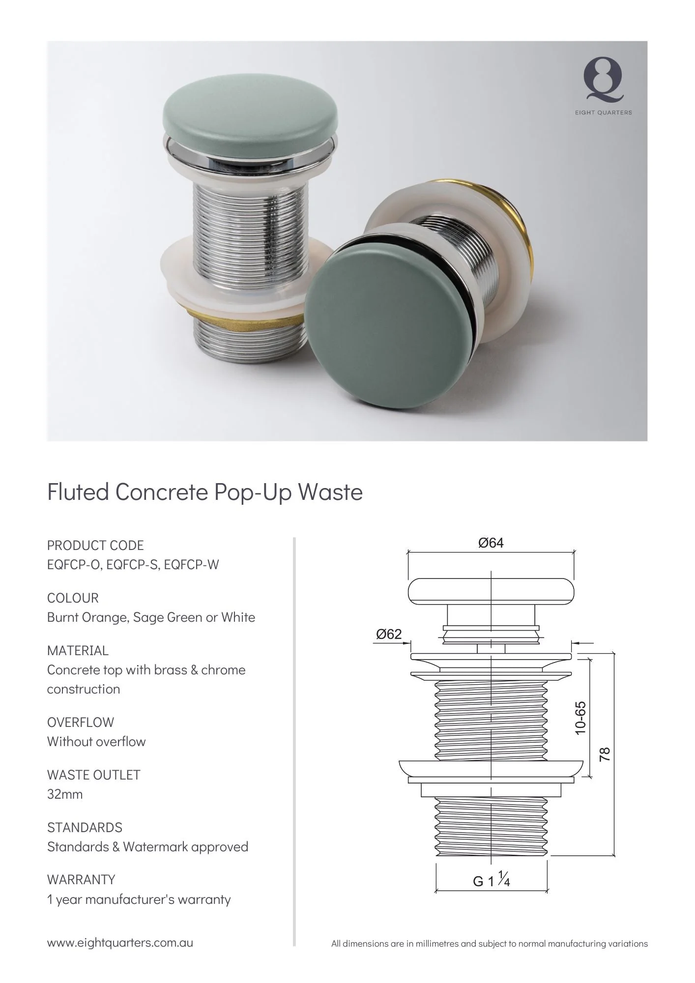 Eight Quarters Fluted Concrete White Pop-Up Waste - Image 2