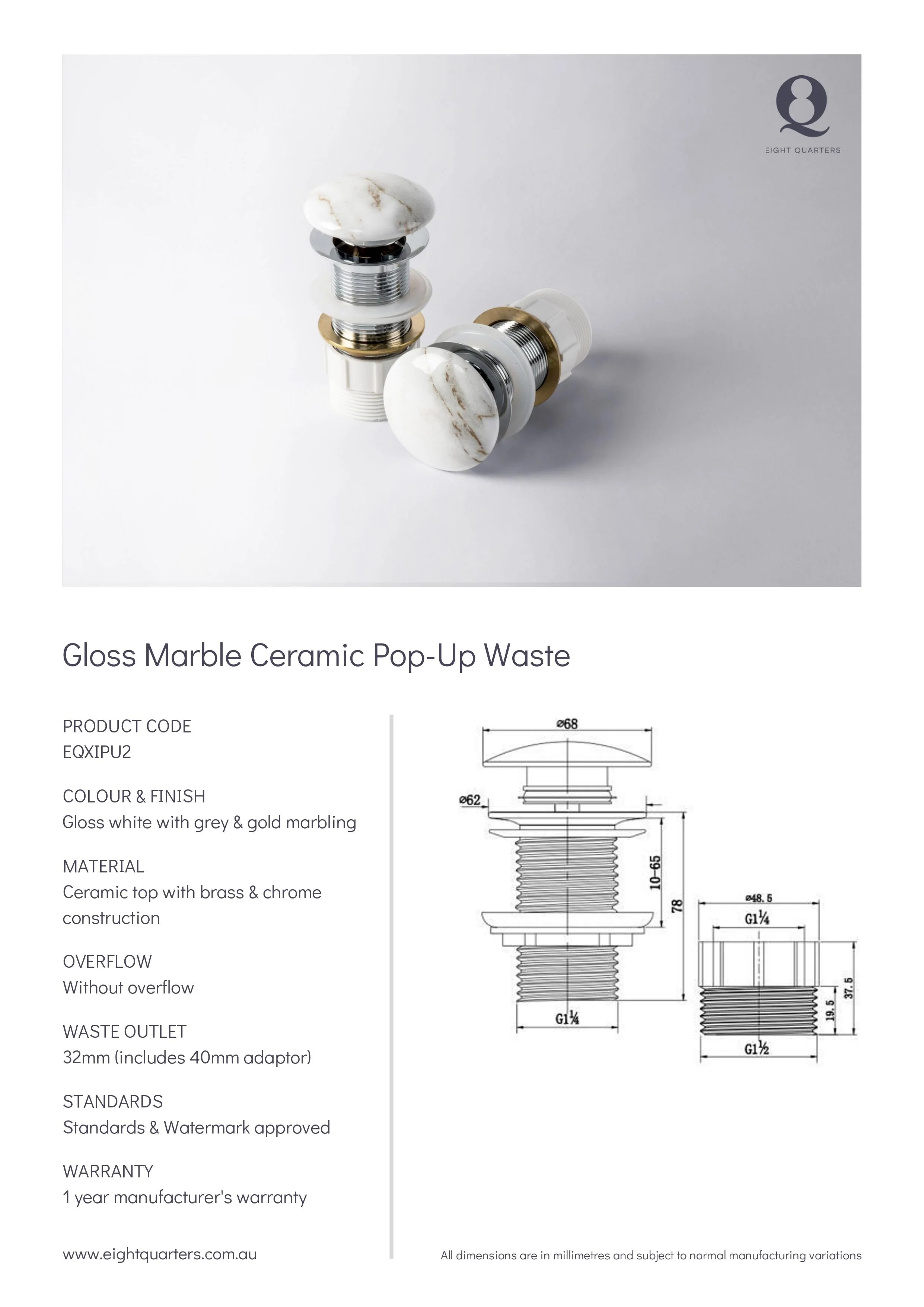 Eight Quarters Gloss Marble Ceramic Pop-up Waste - Image 2