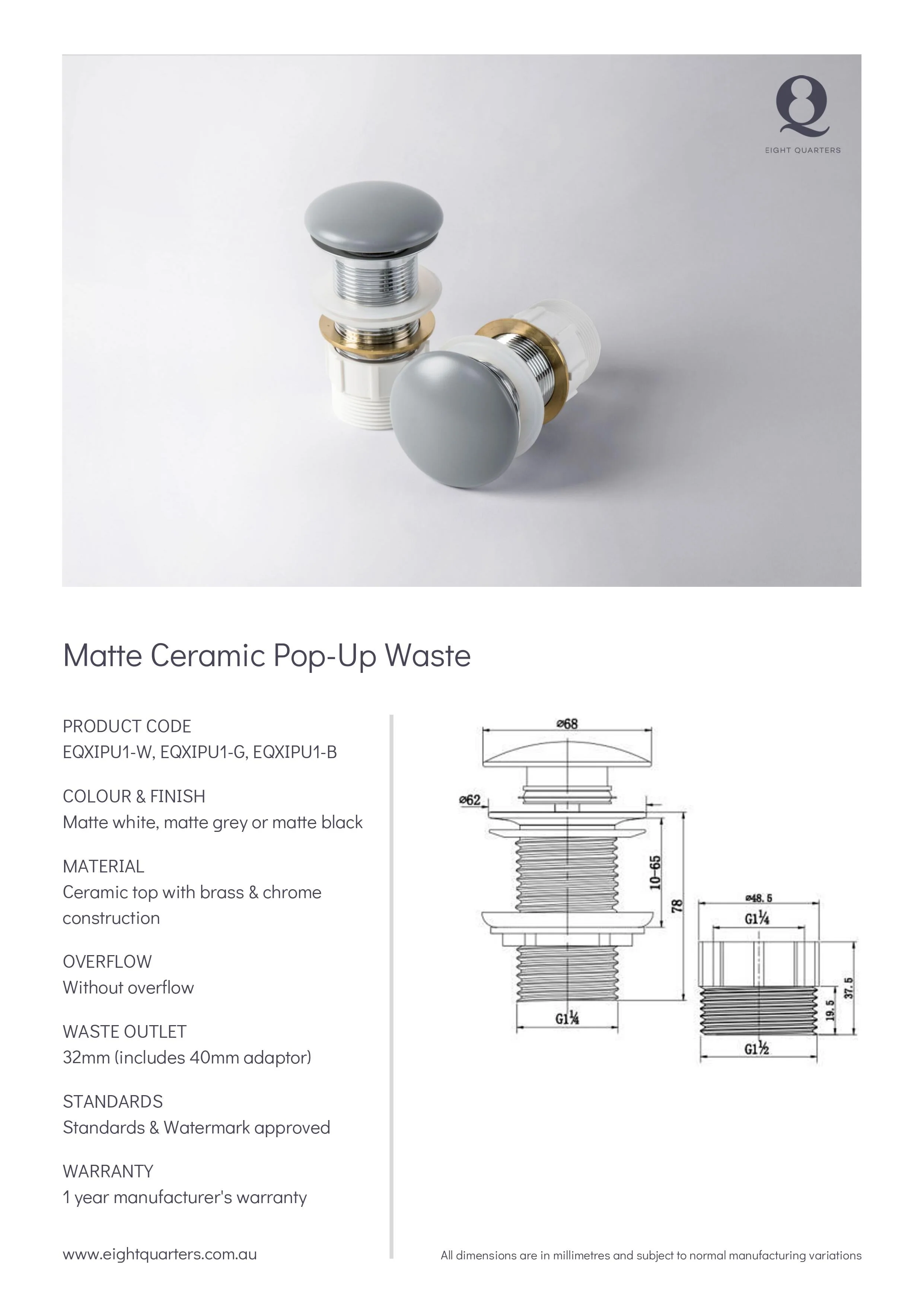 Eight Quarters Ceramic Pop-up Waste - Matte Grey - Image 2