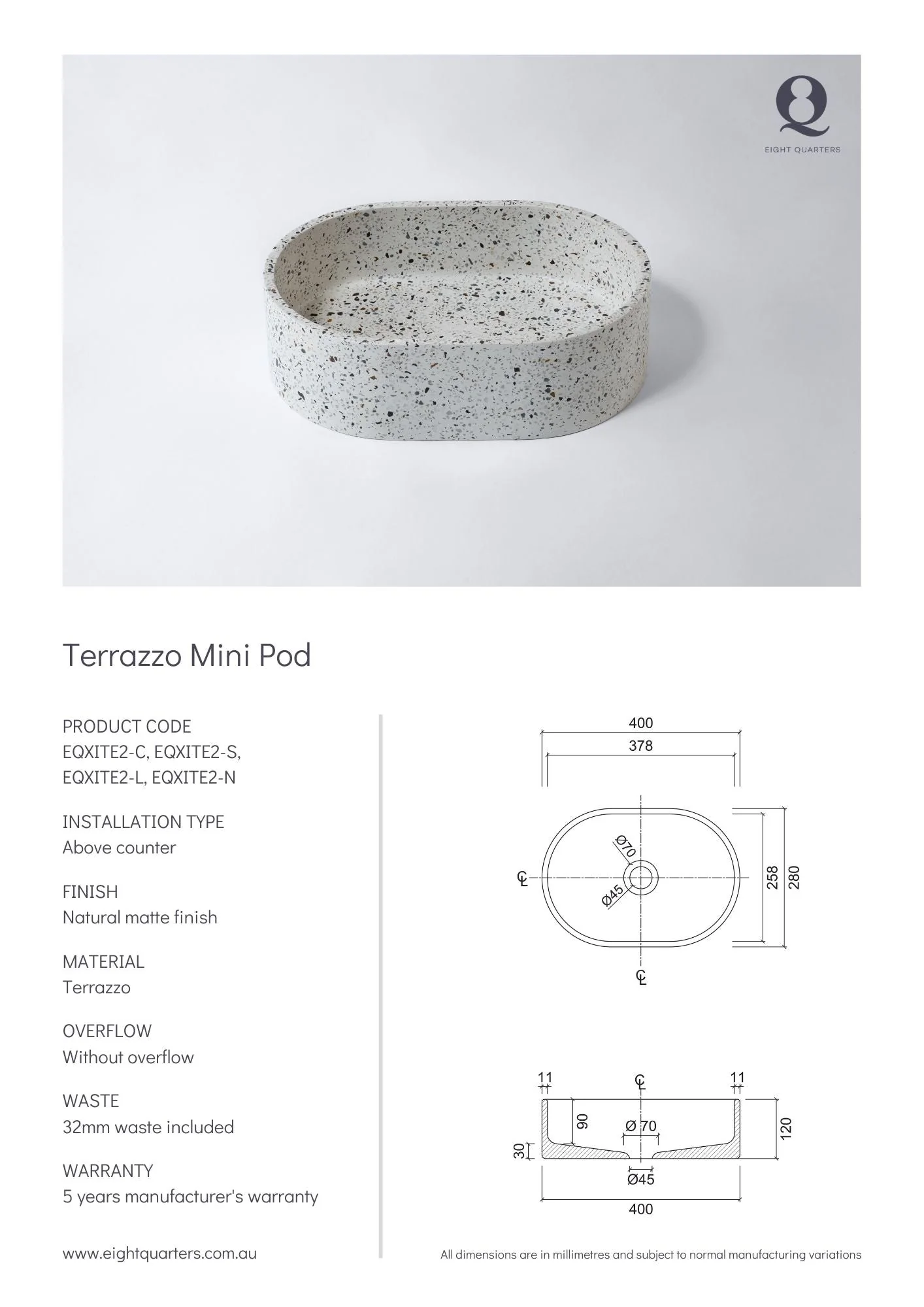 Eight Quarters Terrazzo Mini Pod Como Basin & Waste - Image 2