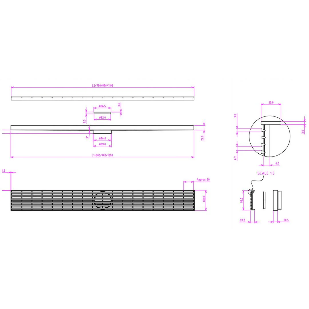Linsol Ezyflow 1200mm Heelguard Linear Waste DN89 - Brushed Nickel - Image 3