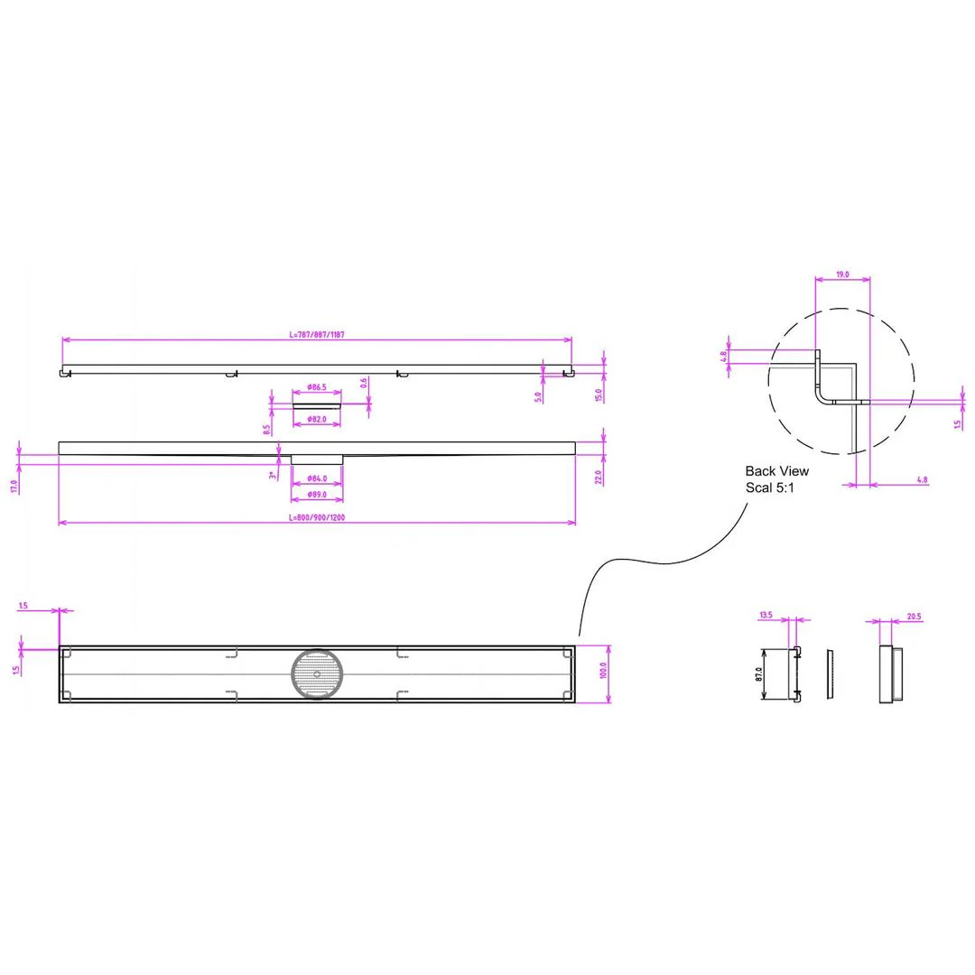 Linsol Ezyflow 1200mm Tile Insert Linear Waste DN89 - Brushed Nickel - Image 3