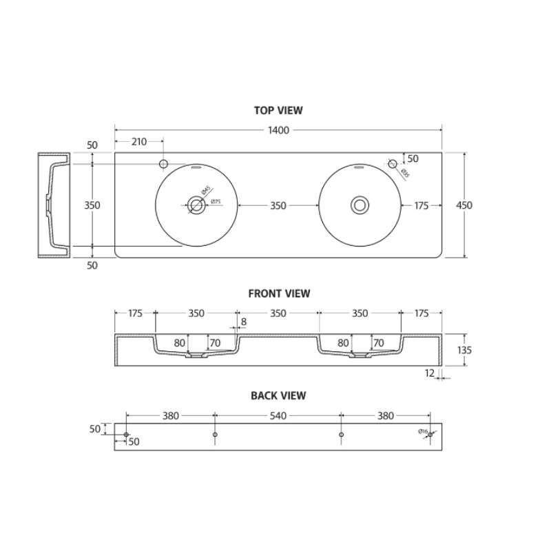 Fienza Encanto 1400 Solid Surface Wall-Hung Basin - Double Bowl - Image 2