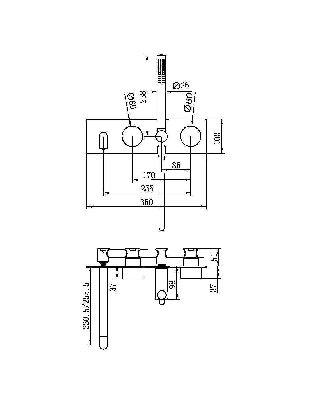 Nero Kara Progressive Shower System With Spout 230/250mm (Trim Kit Only) - Black Matte - Image 2