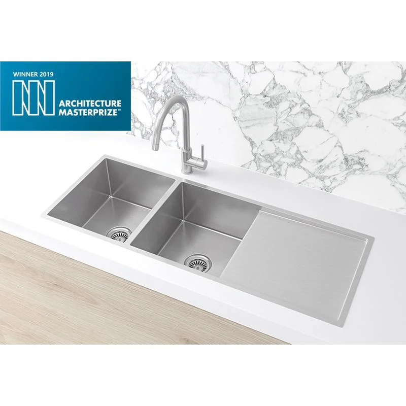 Meir Lavello Kitchen Sink Double Bowl & Drainboard 1160 x 440 - PVD Brushed Nickel