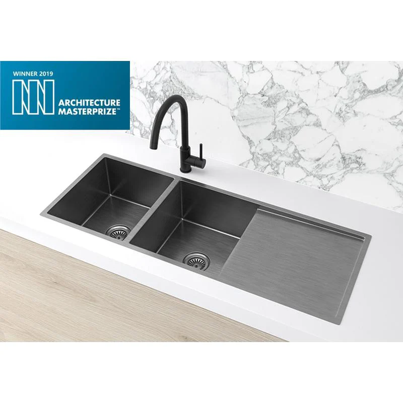 Meir Lavello Kitchen Sink Double Bowl & Drainboard 1160 x 440 - PVD Gun Metal Black