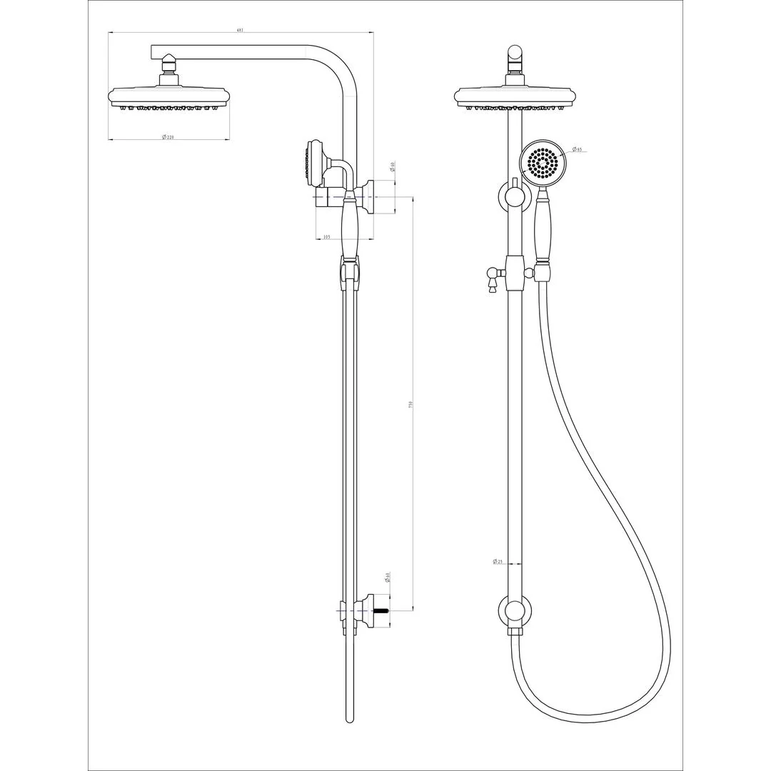 Linsol Klassique Shower Combination with 210mm Head - Brushed Brass - Image 2