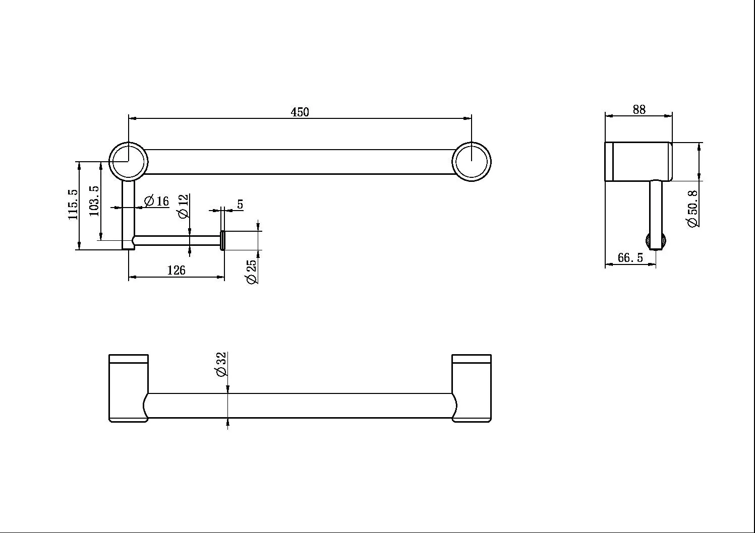 Nero Mecca Care 32mm Grab Rail With Toilet Roll Holder 450mm - Black Matte - Image 3