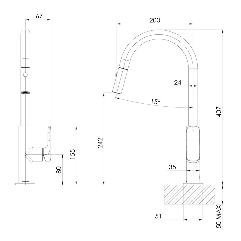 Phoenix Nuage Pull Out Sink Mixer 200mm Lead Free - Brushed Nickel - Image 2