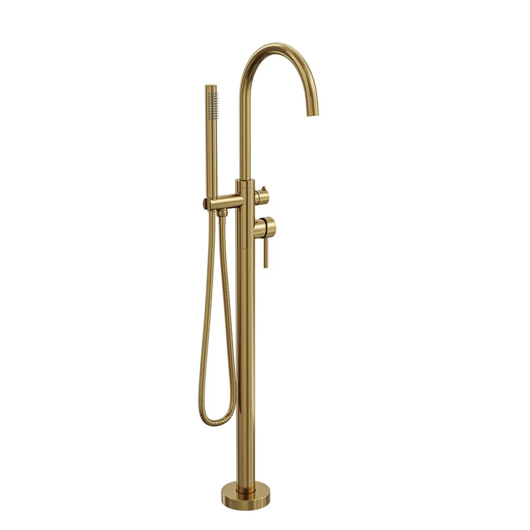 Linsol Nure Freestanding Bath Filler with Hand Shower - Brushed Brass - Image 2