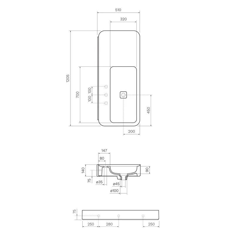 Parisi Cameo 1200 x 500 Bench Basin - Matt Black - Image 3