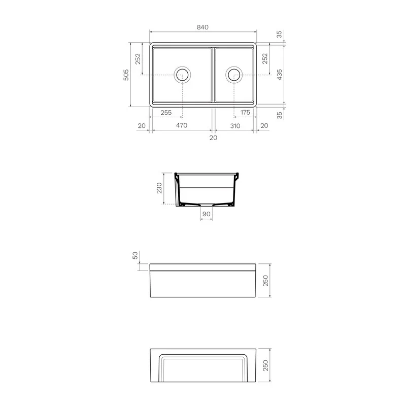 Parisi Cornice Double Bowl Sink 840mm - Pergamon - Image 2