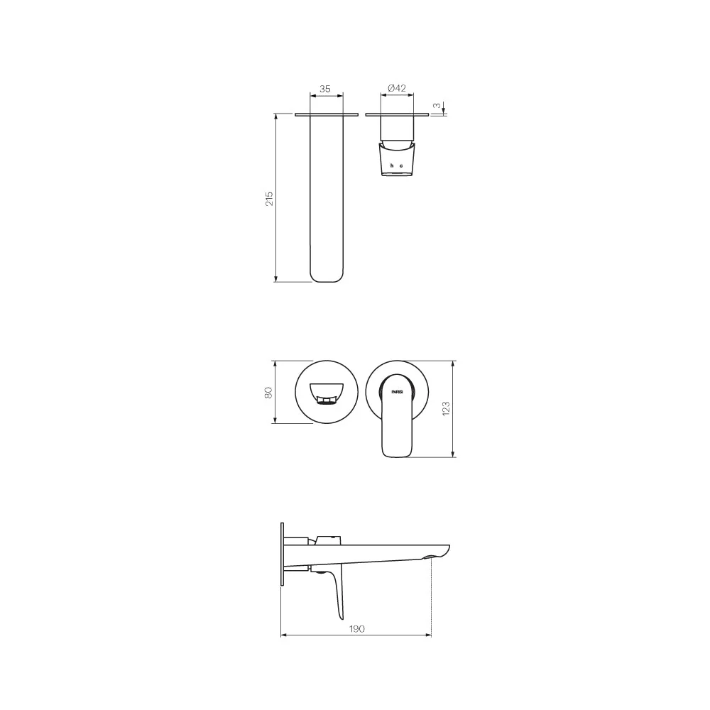 Parisi Slim II Wall Mixer with 190mm Spout (Individual Flanges) - Brushed Nickel - Image 2