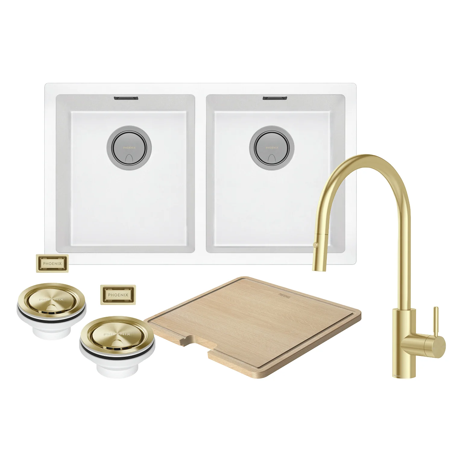Phoenix 5000 Series Sink Package White Matte - Includes Brushed Gold Sink Mixer, Waste & Chopping Board