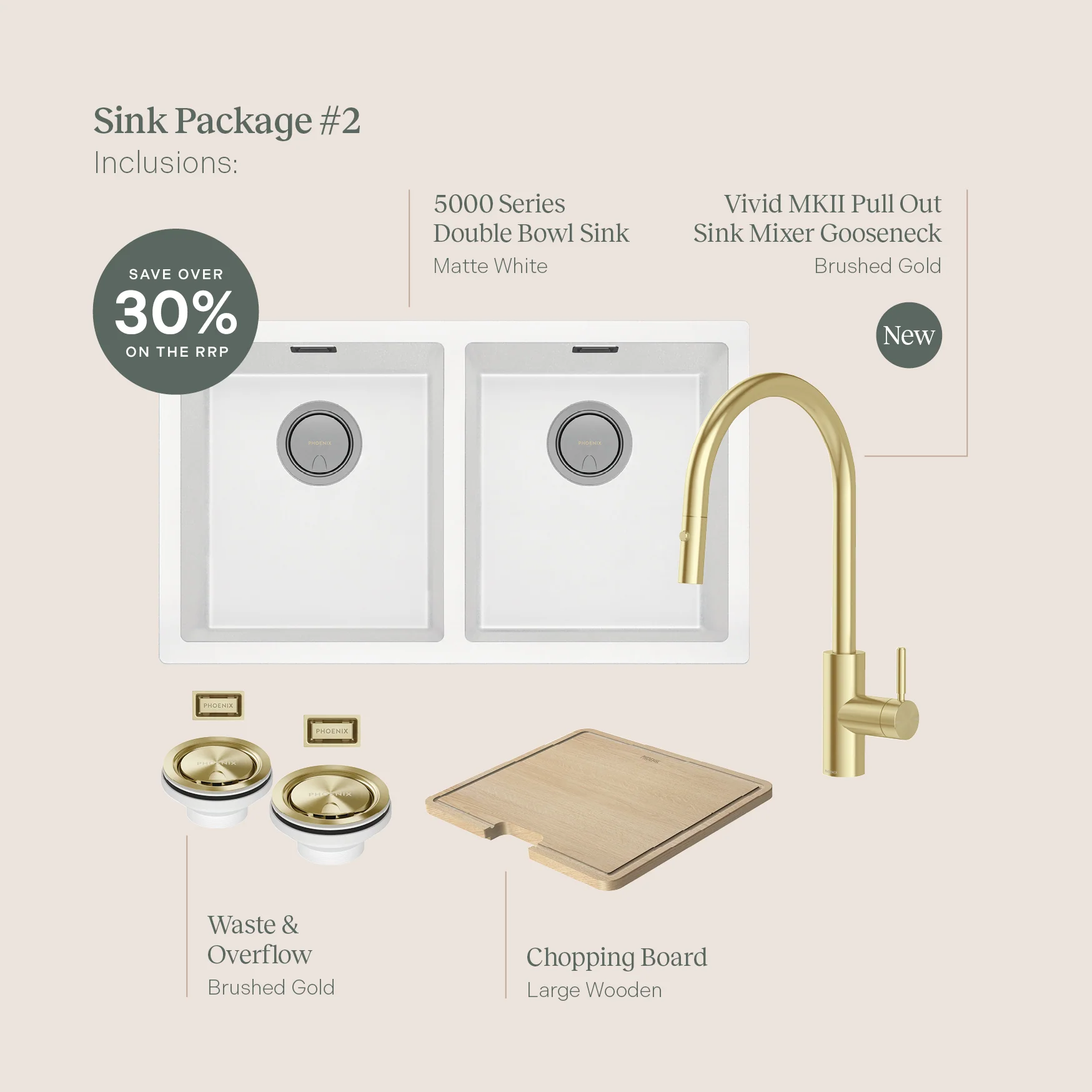 Phoenix 5000 Series Sink Package White Matte - Includes Brushed Gold Sink Mixer, Waste & Chopping Board - Image 2