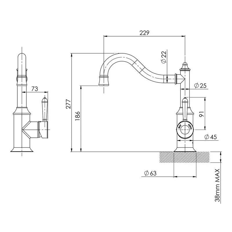 Phoenix Nostalgia Kitchen Sink MIxer Tap 220mm Shepherds Crook - Brushed Nickel - Image 2