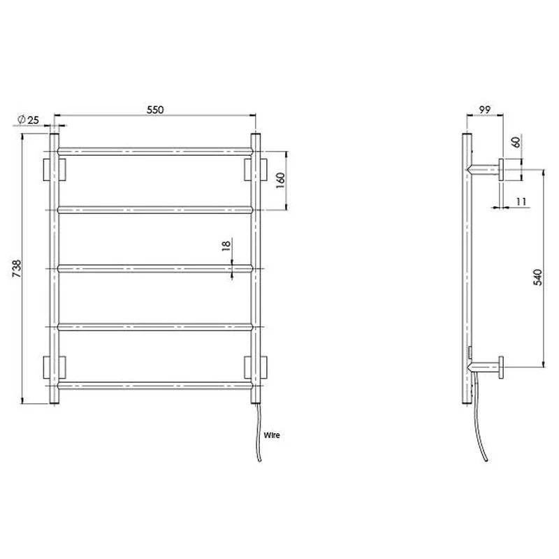 Phoenix Radii Heated Towel Ladder 550 x 740mm Square Plate - Chrome - Image 2