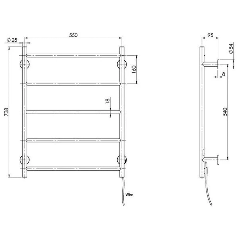 Phoenix Radii Heated Towel Ladder 550 x740mm Round Plate - Black Matte - Image 2