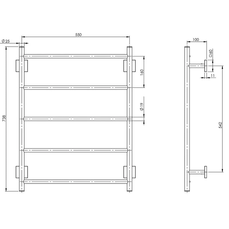 Phoenix Radii Towel Ladder 550 x 740mm Square Plate - Brushed Nickel - Image 2