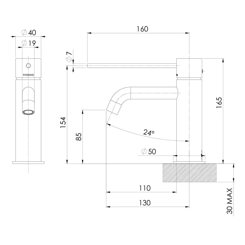 Phoenix Vivid Slimline Basin Mixer Curved Outlet with Extended Lever - Black Matte - Image 3