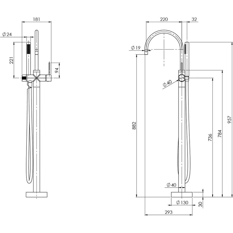 Phoenix Vivid Slimline Floor Mounted Bath Mixer with Hand Shower - Chrome - Image 2