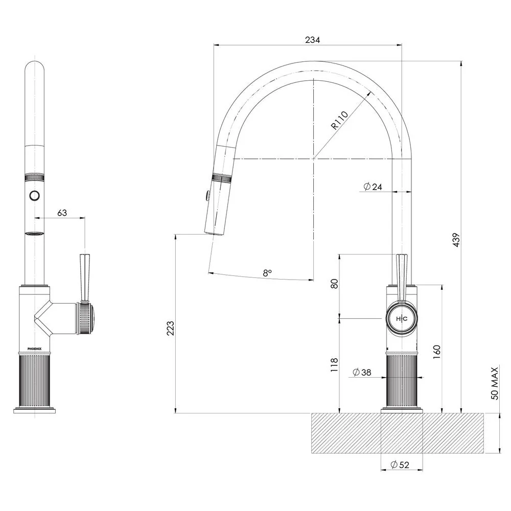 Phoenix Wiltern Pull Out Sink Mixer 230mm - Chrome - Image 2