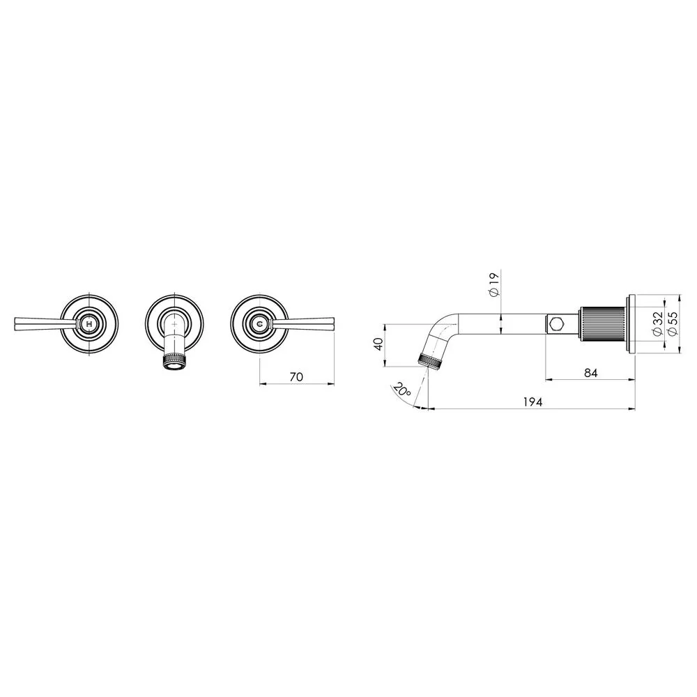 Phoenix Wiltern Wall Basin / Bath Tap Set 190mm - Chrome - Image 2