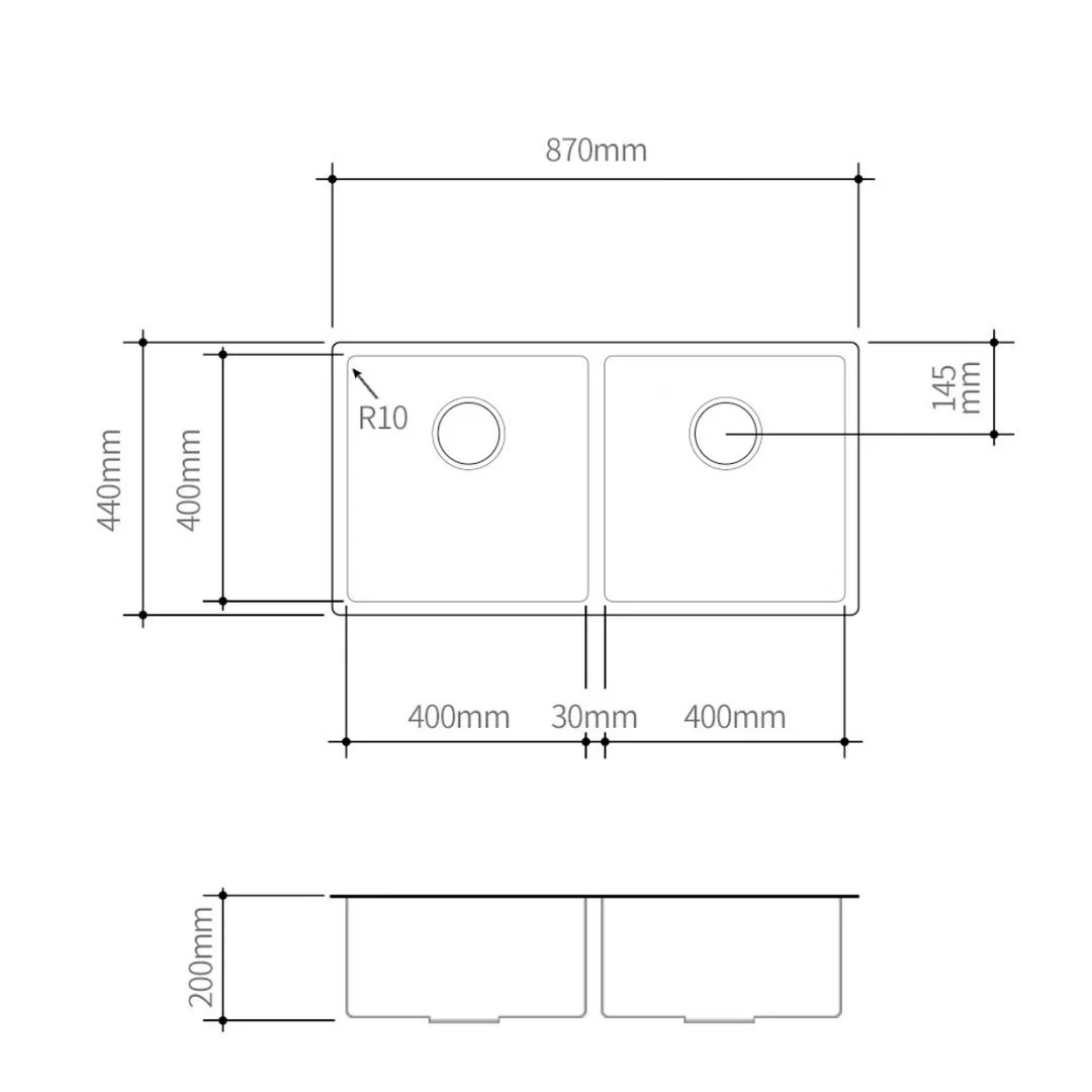 Linsol Quadra 870mm Double Bowl Sink - Brushed Stainless - Image 2