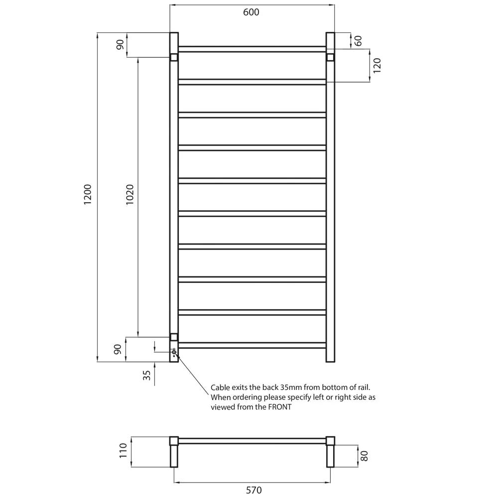 Radiant Heated Square Ladder 600 x 1200mm - Mirror Polished - Image 3