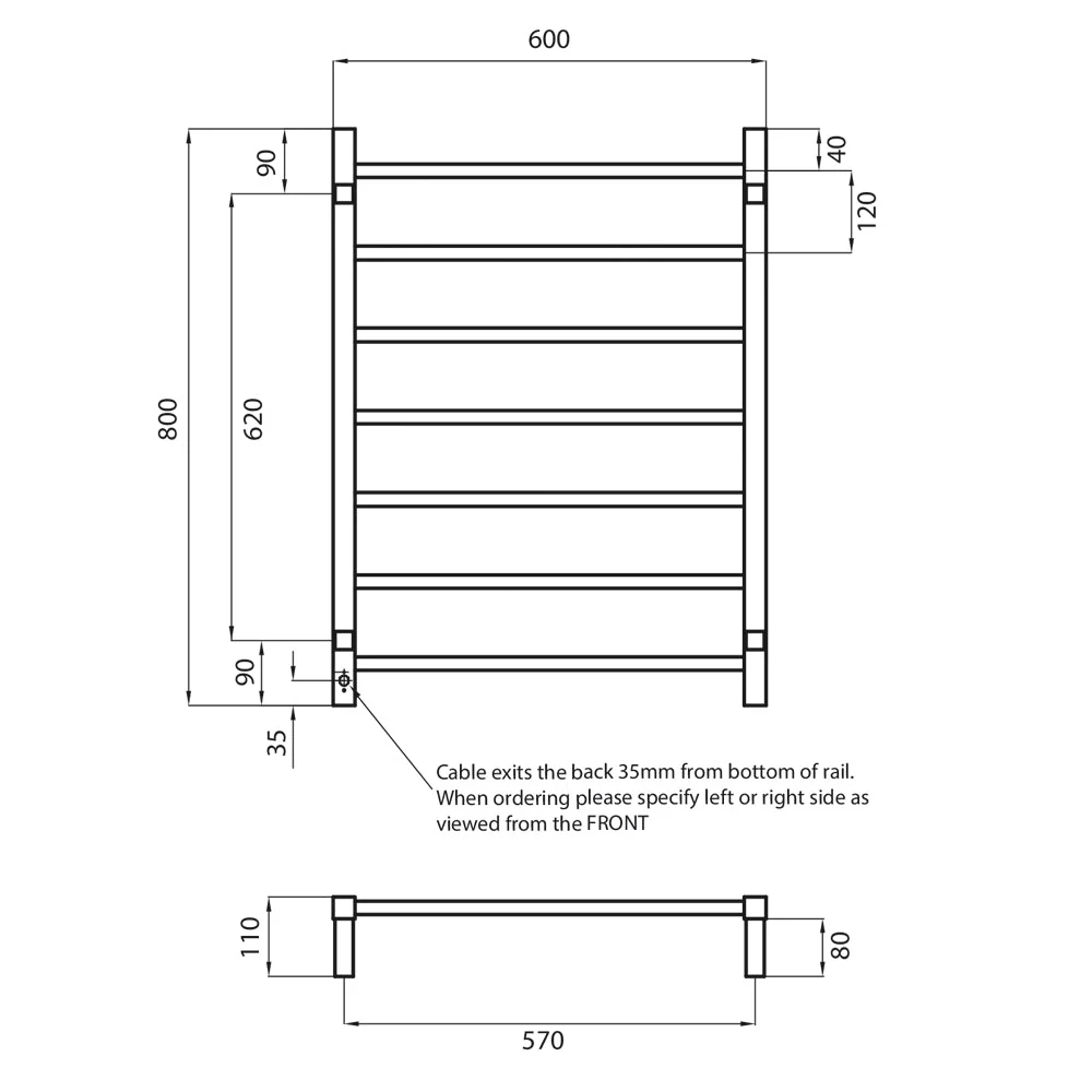 Radiant Heated Square Ladder 600 x 800mm - Matt Black - Image 3