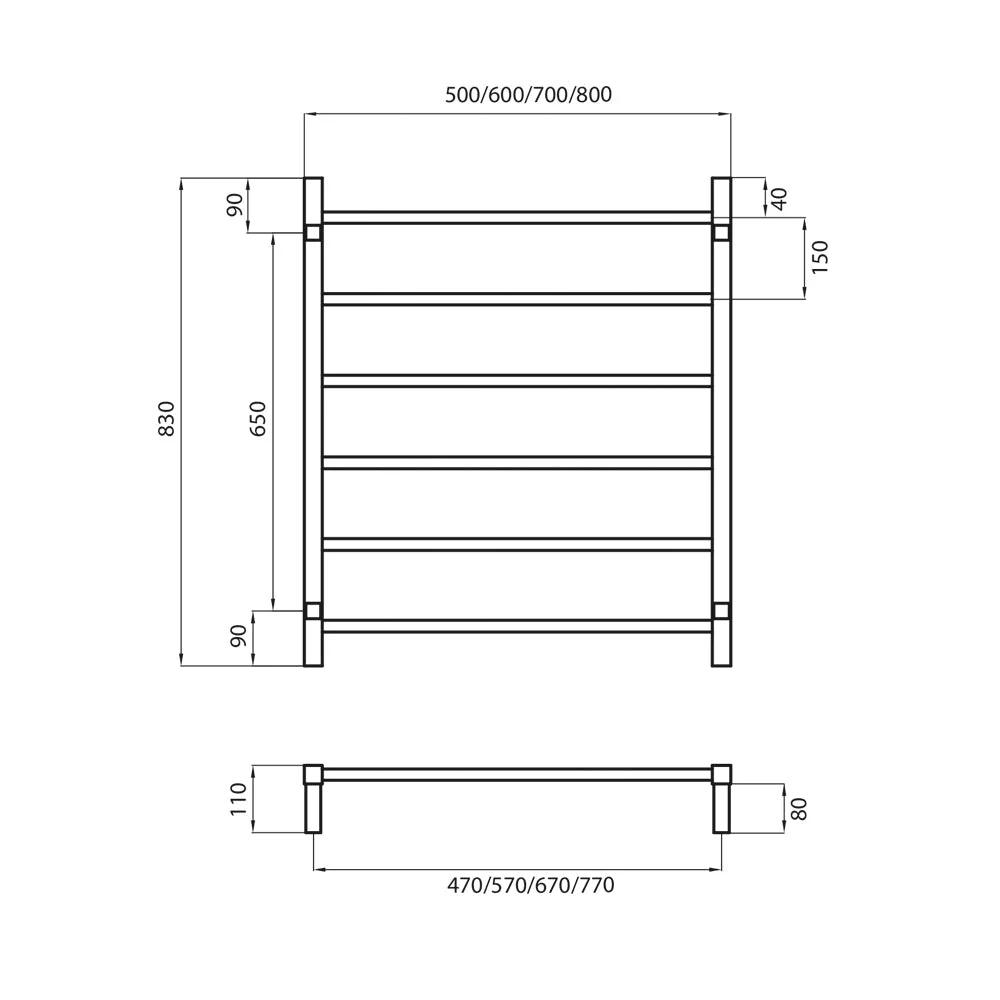 Radiant Non-Heated Square Ladder 500 x 830mm - Mirror Polished - Image 3