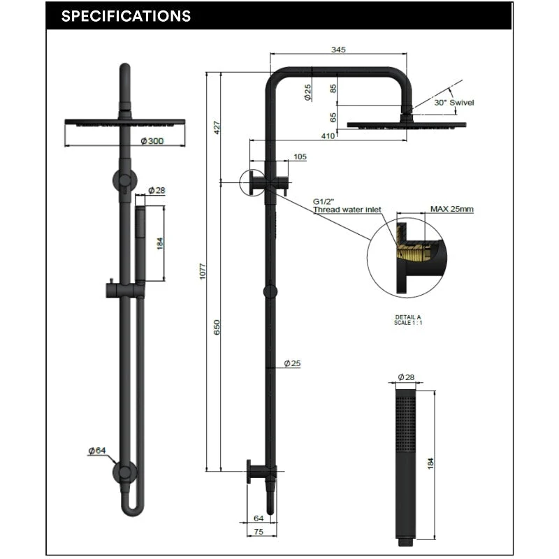 Meir Round Combination / Twin Shower Rail 300mm Rose Single Function Hand Shower - Black Matte - Image 5