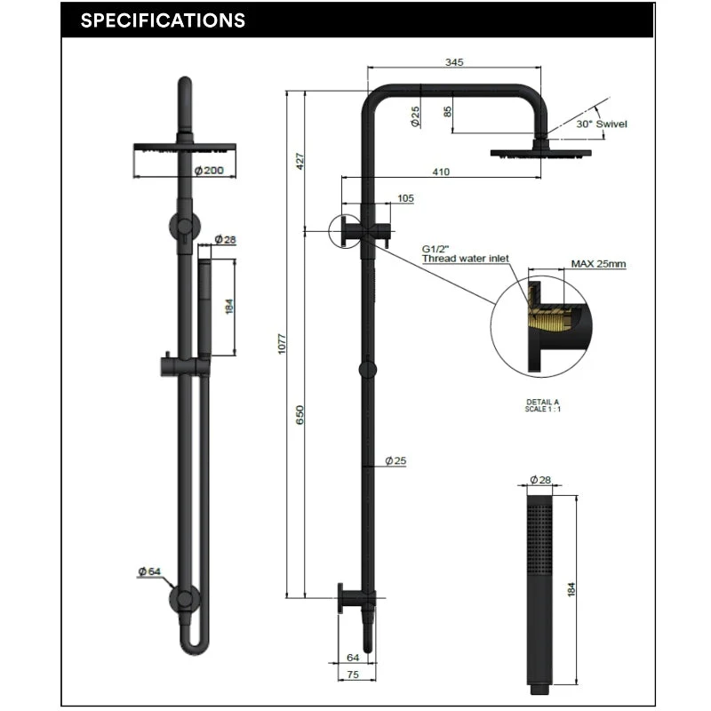 Meir Round Combination / Twin Shower Rail 200mm Rose Single Function Hand Shower - Polished Chrome - Image 4