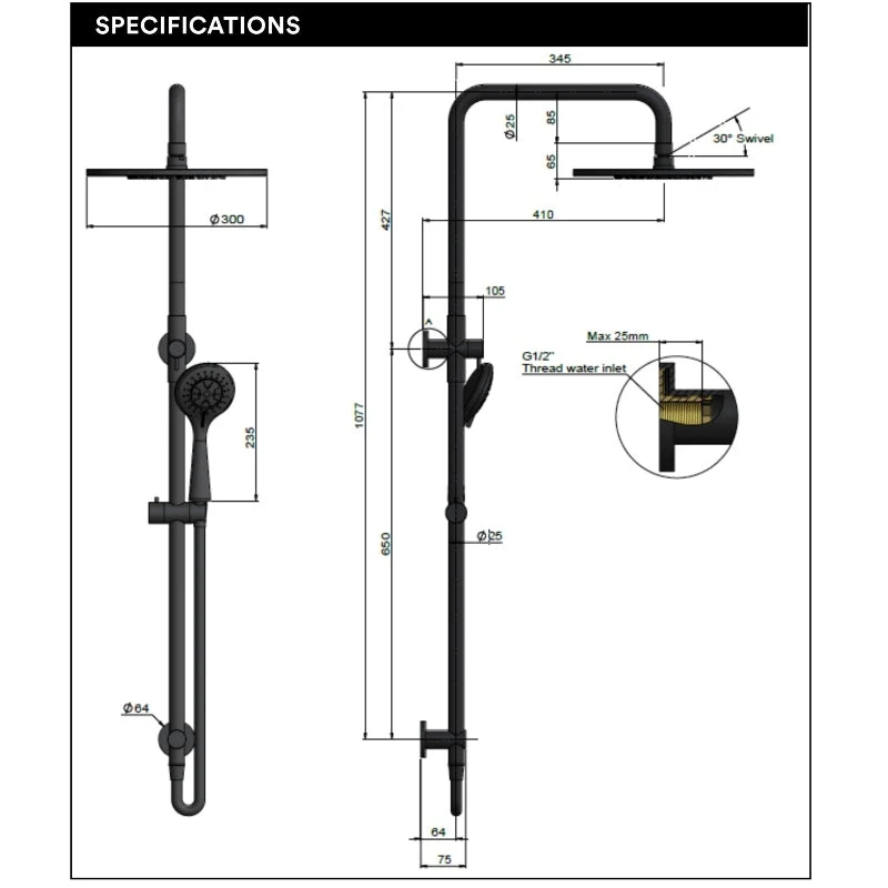 Meir Round Combination / Twin Shower Rail 300mm Rose Three Function Hand Shower - Polished Chrome - Image 4
