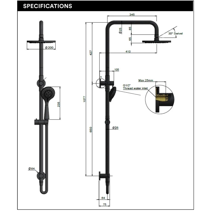 Meir Round Combination / Twin Shower Rail 200mm Rose Three Function Hand Shower - Champagne - Image 4