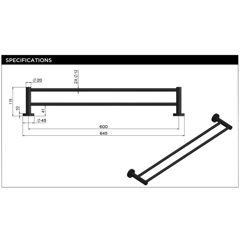 Meir Round Double Towel Rail 600mm - Black Matte - Image 4