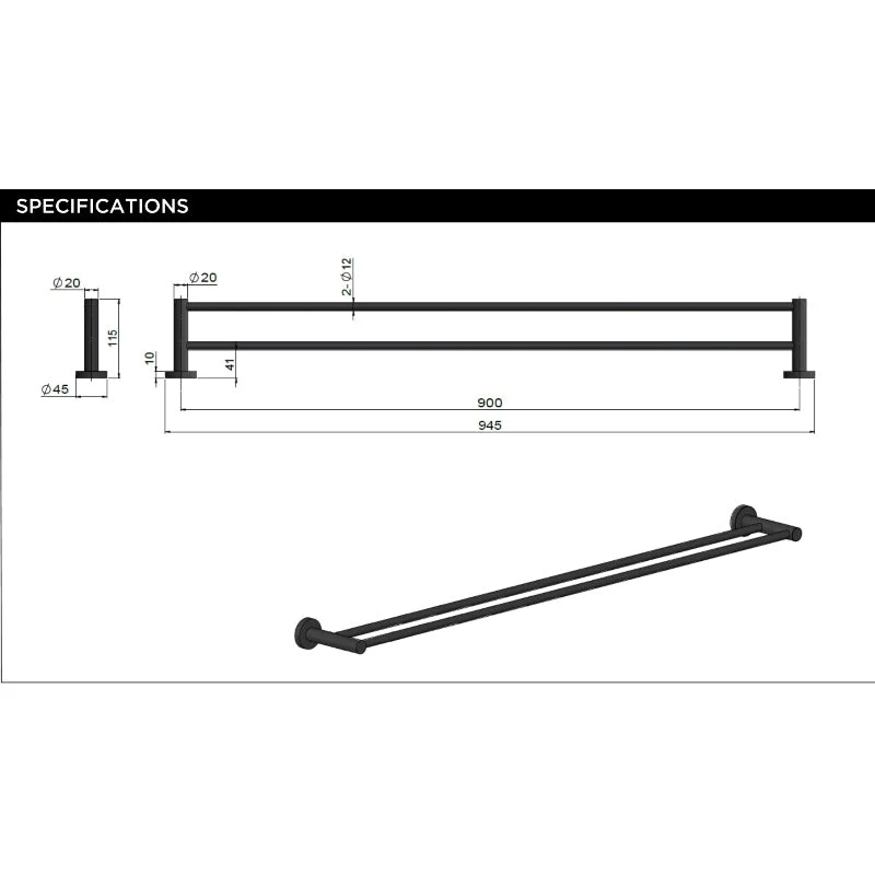 Meir Round Double Towel Rail 900mm - Polished Chrome - Image 6