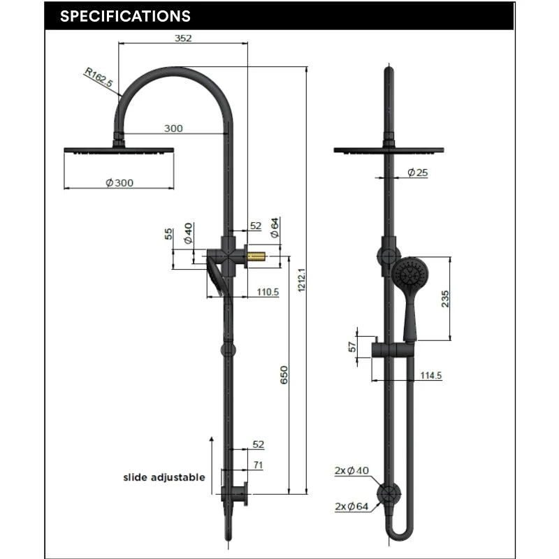 Meir Round Gooseneck Shower Set with 300mm Rose Three-Function Hand Shower - Black Matte - Image 5