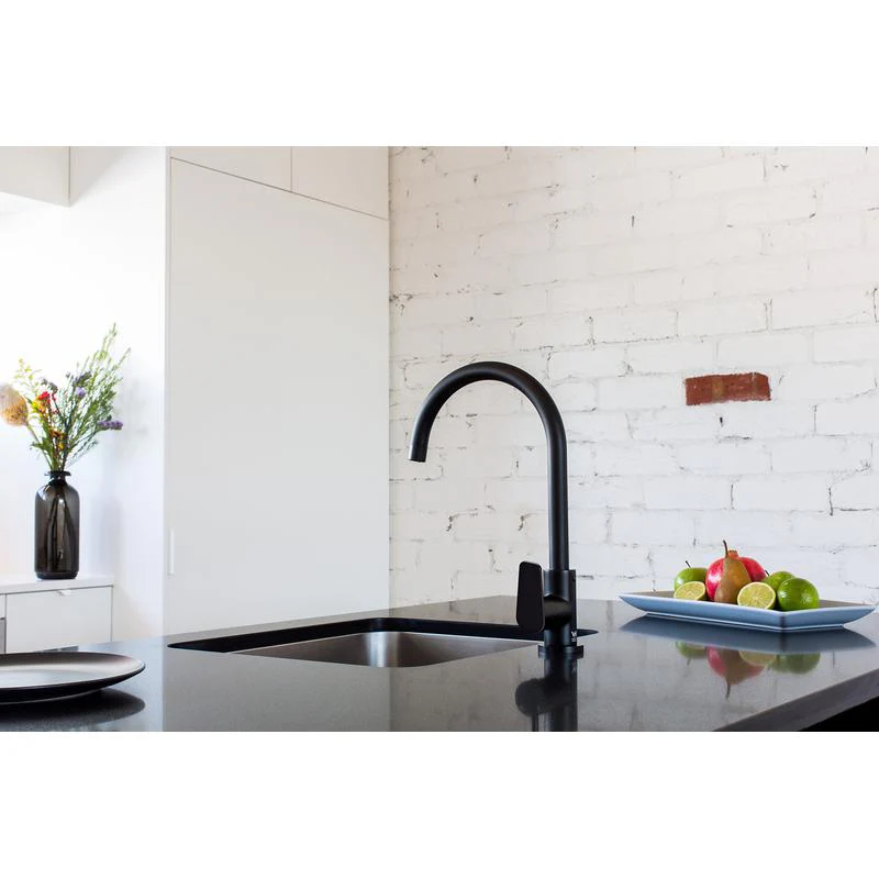 Meir Round Gooseneck Kitchen Sink Mixer Tap with Paddle Handle - Black Matte - Image 4