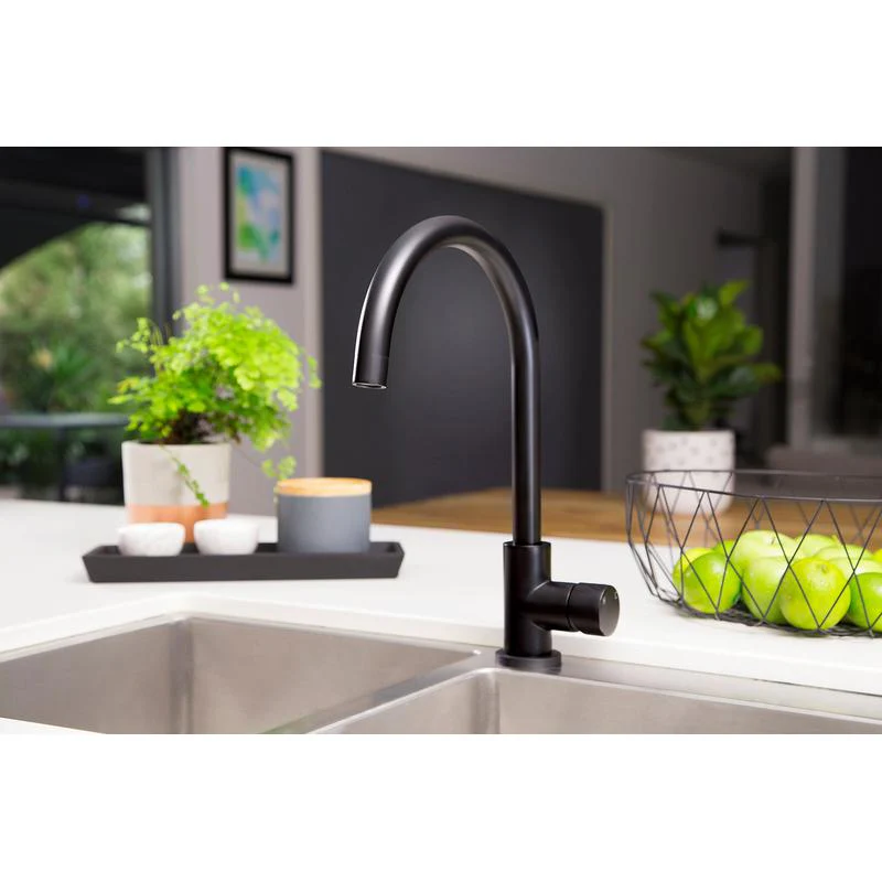 Meir Round Gooseneck Kitchen Sink Mixer Tap with Pinless Handle - Black Matte - Image 4